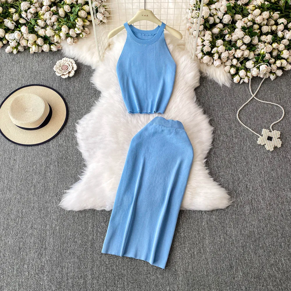 

Women Chic O-Neck sleeveless Wrap French Fashion Knitted Elastic Slim Sundress pencil dress Two Piece Set