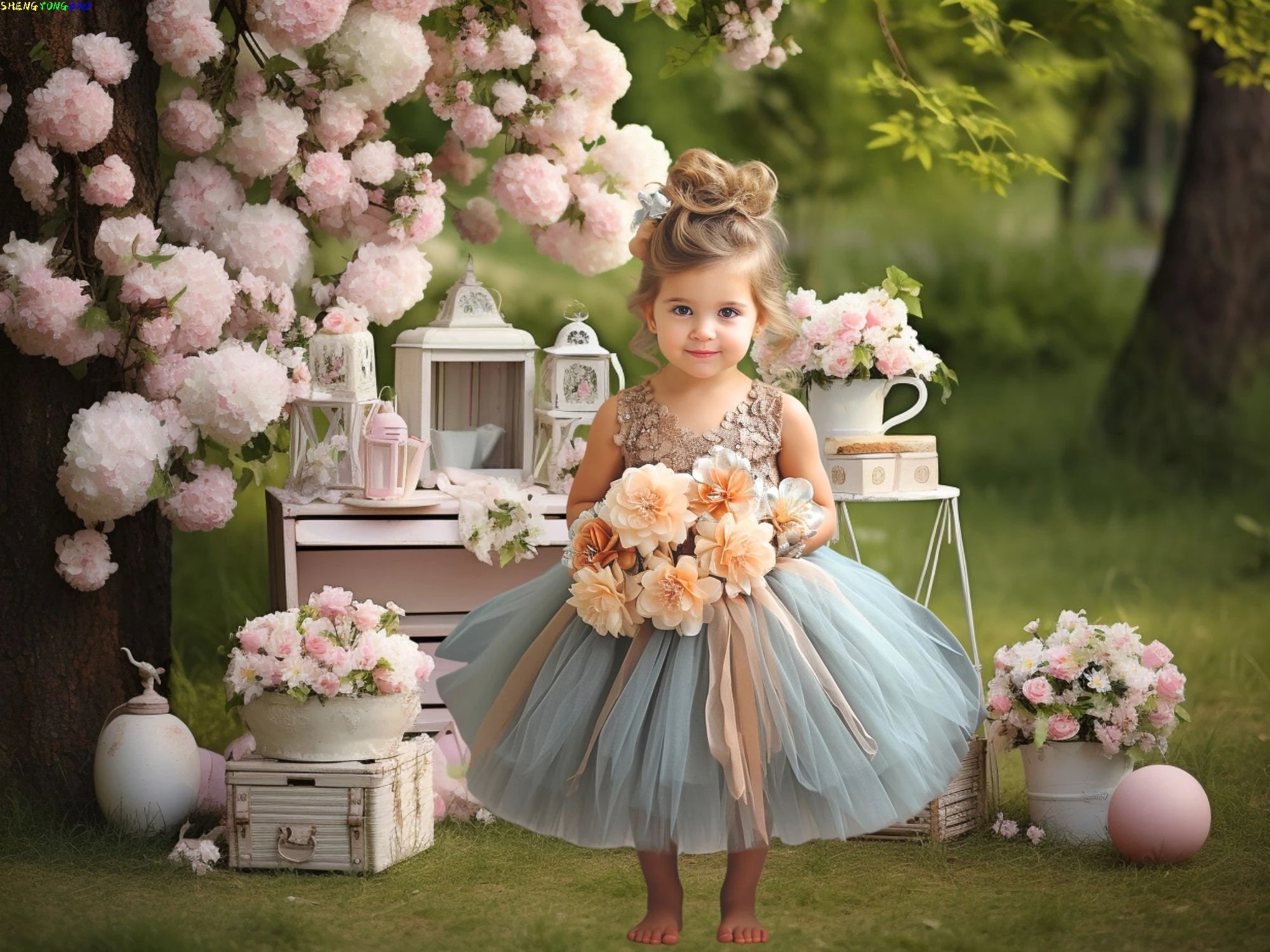 الربيع الشاي حزب خلفيات للتصوير الفوتوغرافي الرقمية مزينة بالبالونات قوس قزح الحيوانات الأطفال عيد ميلاد صورة خلفية VN-01