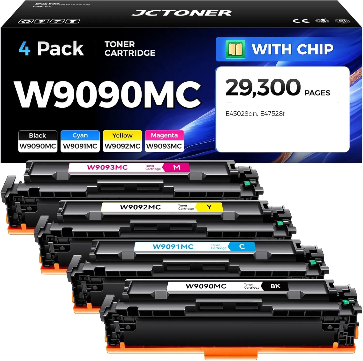 4-Pack High Capacity Toner Cartridge Set with Chip, Replacement for W9090MC W9091MC W9092MC W9093MC, Compatible with Color LaserJet Managed E45028dn MFP E47528f Printer, Black Cyan