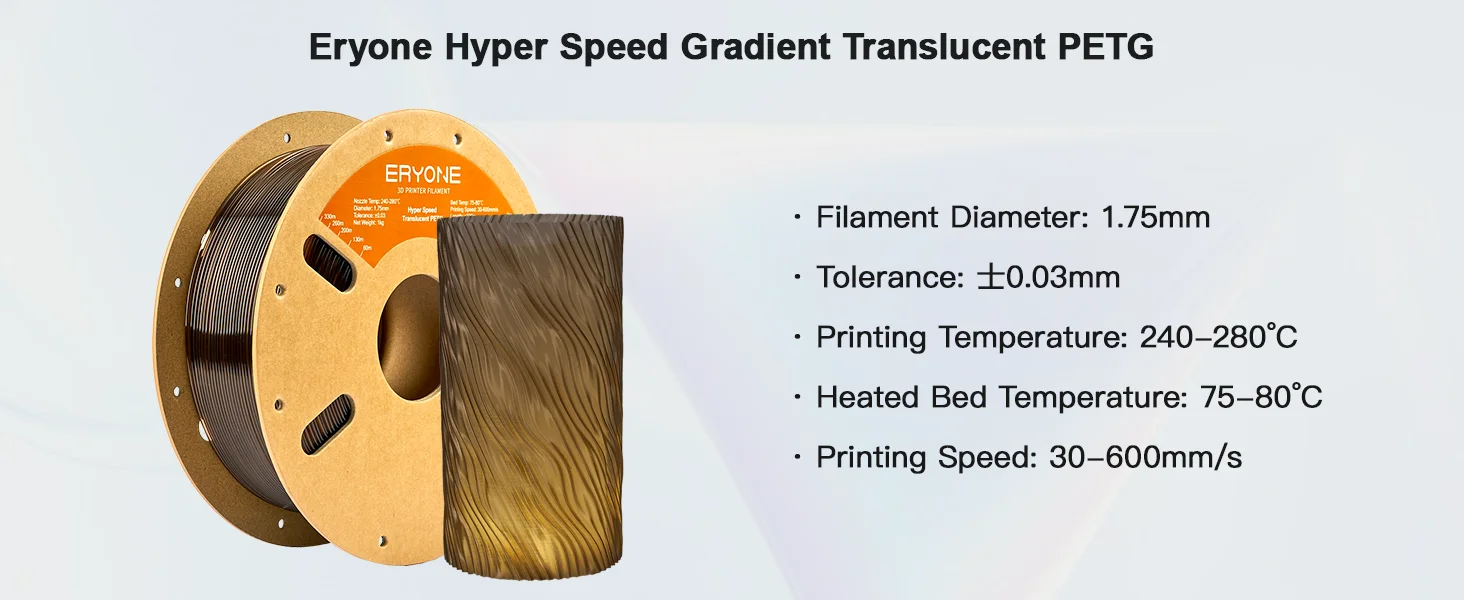 ERYONE 3KG PETG High-Speed Transparent Series 3D Filament, Multicolor Available, Max Print Speed 500mm/s, 1KG/Spool