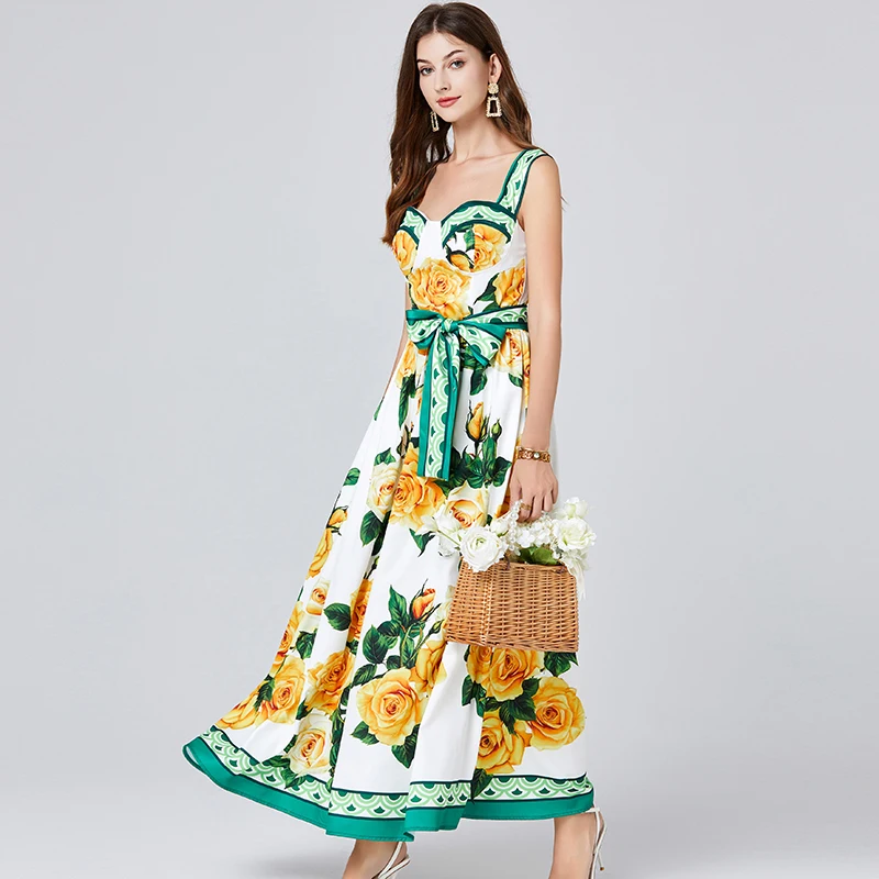 Summer Holiday Midi Floral Dress Women Runway Brand Designer Chest Pad Sexy Backless A Line Big Hem Yellow Rose Print Vestidos