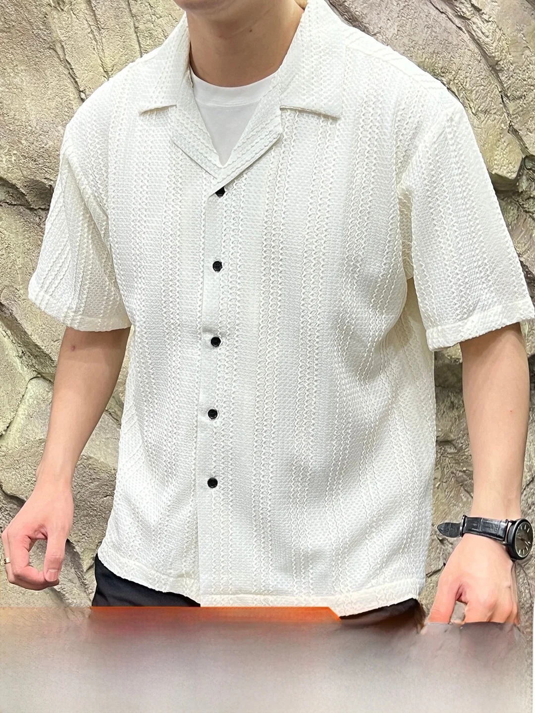  Cuban Collar Short Sleeve Ice Silk Knitted Texture Men's Shirt Breathable Lightweight Summer Fashion Standard Fit