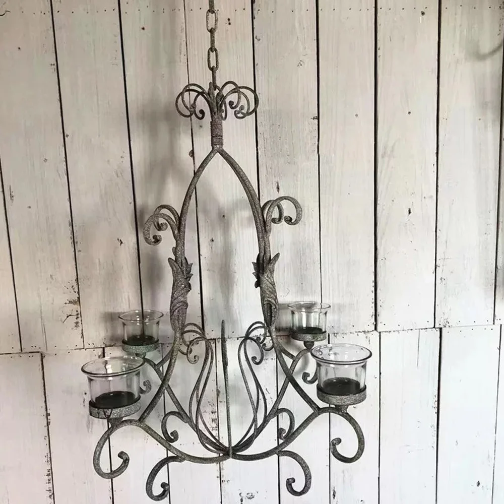 

Vintage Hanging Candle Holder Chandelier, 4 Glass Votives, Scrollwork Iron Design, 39 x 27 inch