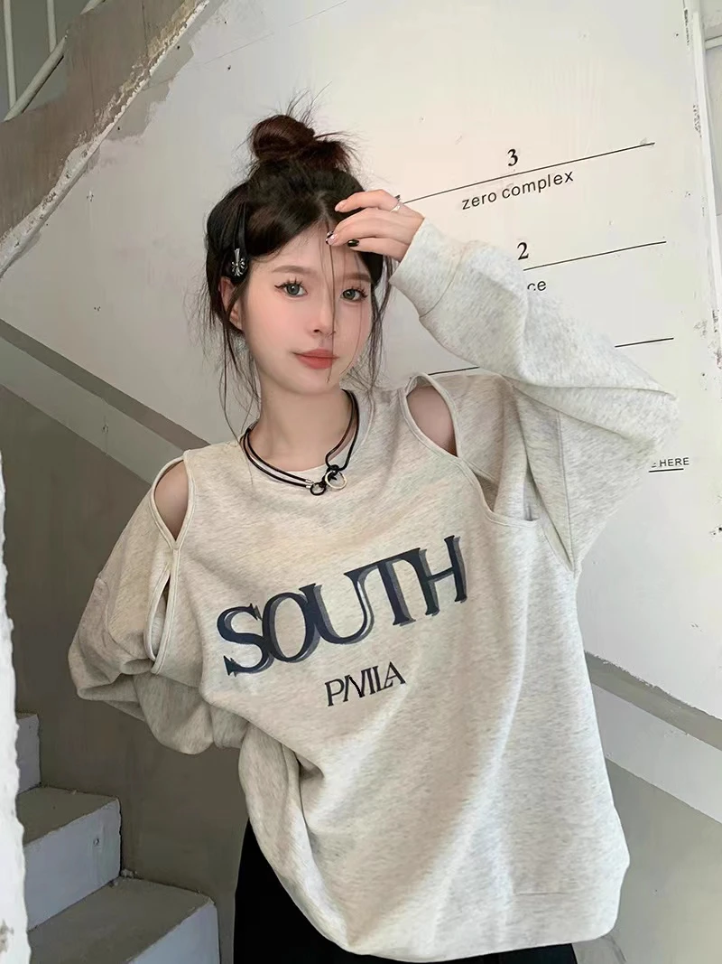 

Женский свитшот оверсайз с американским принтом, открытыми плечами и длинными рукавами, осенний повседневный свободный топ (до 136 кг)