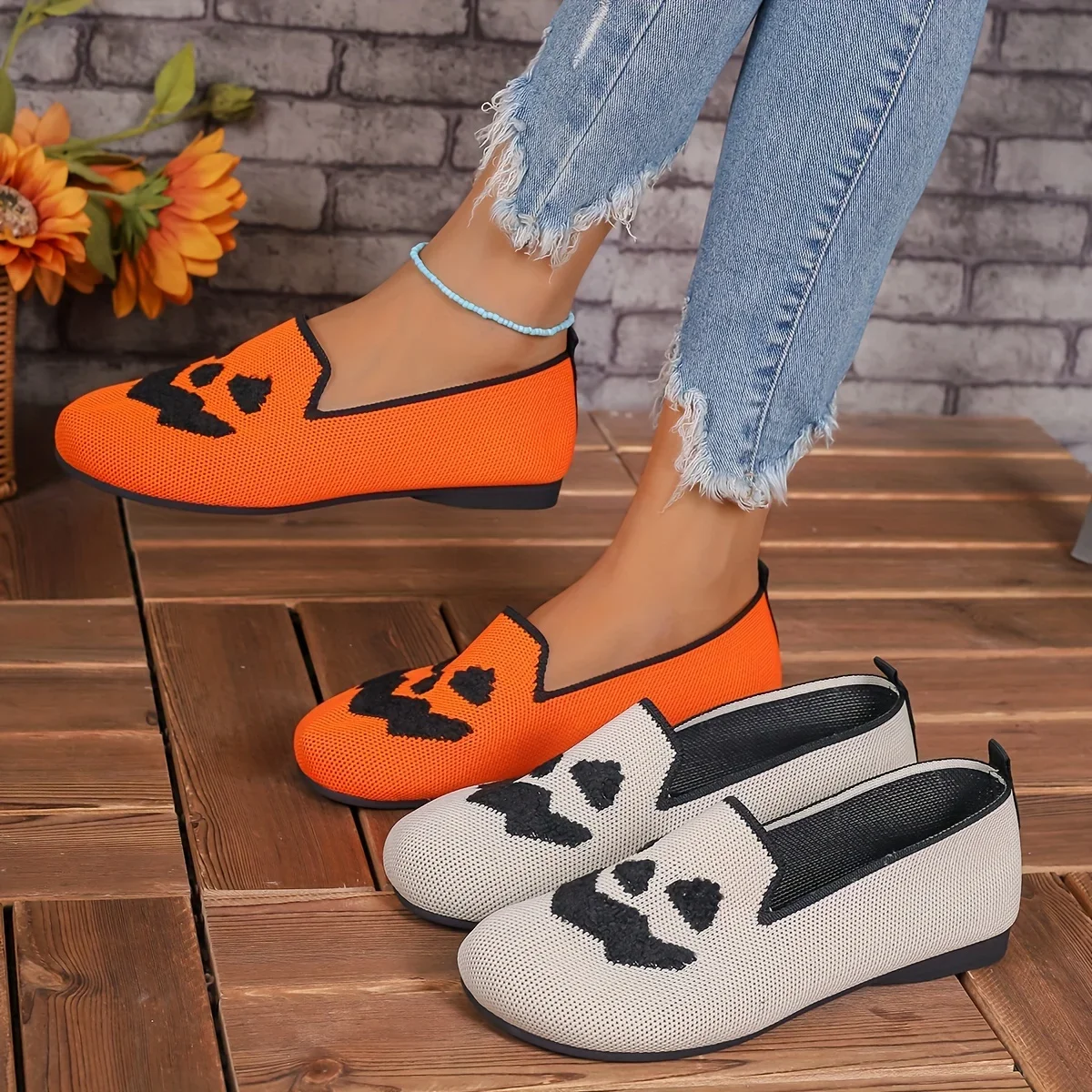 Ladies Halloween pumpkin print breathable flying woven overshoes Christmas element single shoes, Christmas spoof exclusive.