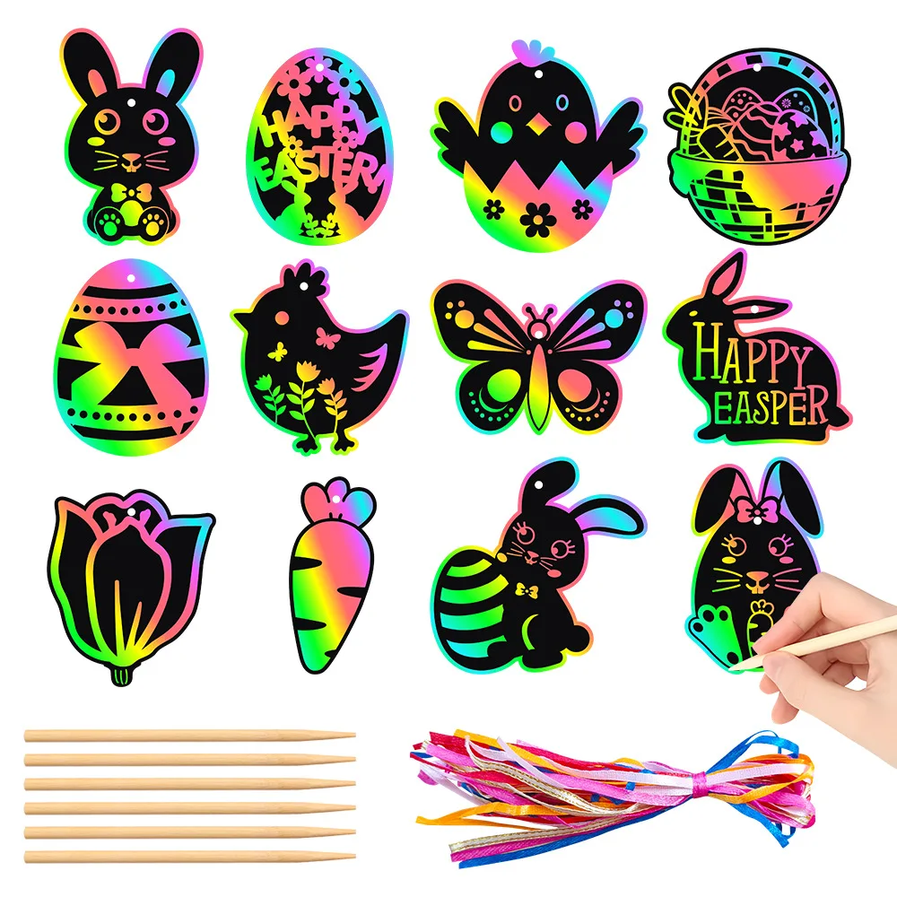 24pcs/set Easter Decoration Scratch Card Holiday DIY Color Scratch Painting Gift Label Easter Party Decorations Pendants