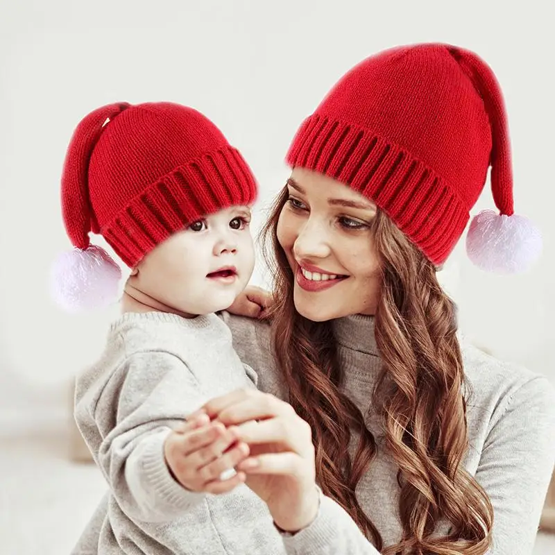 Parent-Child Christmas Hat Big Pompom Mother Kids Knit Beanie Cap Winter Warm Infant Bonnet Girls Boy Xmas Gift Baby Accessories