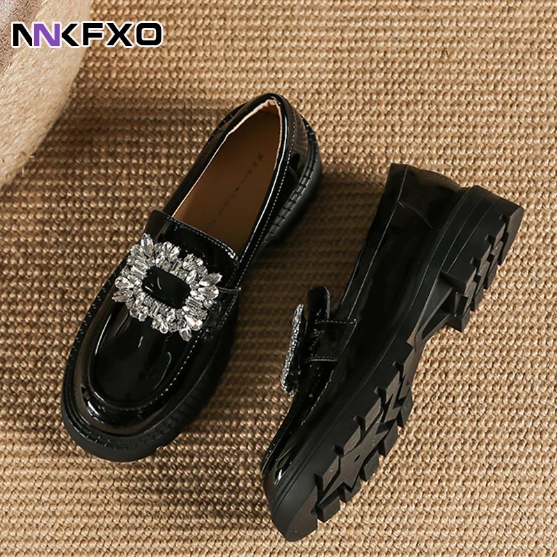 Women 2023 Spring and Autumn New Fashion Rhinestone Versatile Comfortable Non Slip Elevated Thick Sole Round Toe Loafers