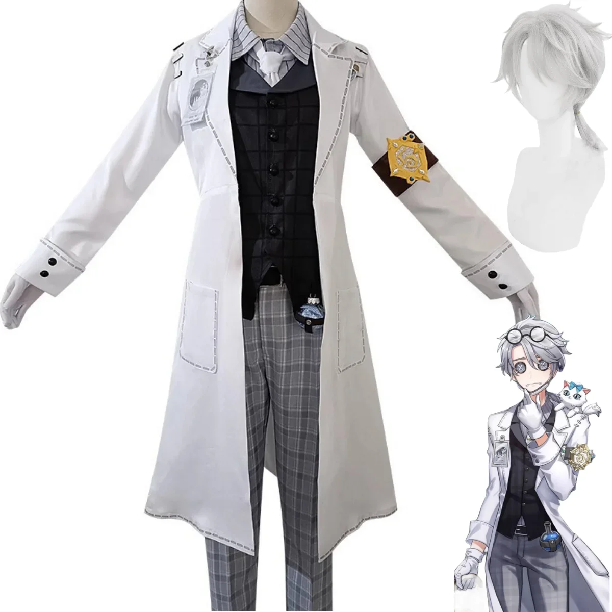 

Anime Game Identity Ⅴ Aesop Carl Cosplay Costume Embalmer Fifth Anniversary Limit Wig White Cost Uniform Man Woman Party Suit