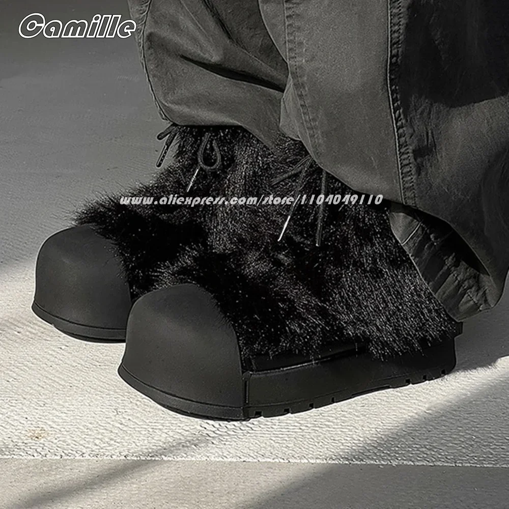 Fur Mixed Color SHort Plush Front Lace Up Snow Mid-Top Sneakers Winter NEW Size 36-44 Lady Snow Boots Round Toe Casual Boots