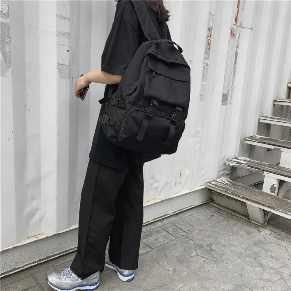 Casual Large Capacity Students Backpack Harajuku Multi Pocket Canvas School Bag Nylon Solid Color Shoulders Bag Girls Boys