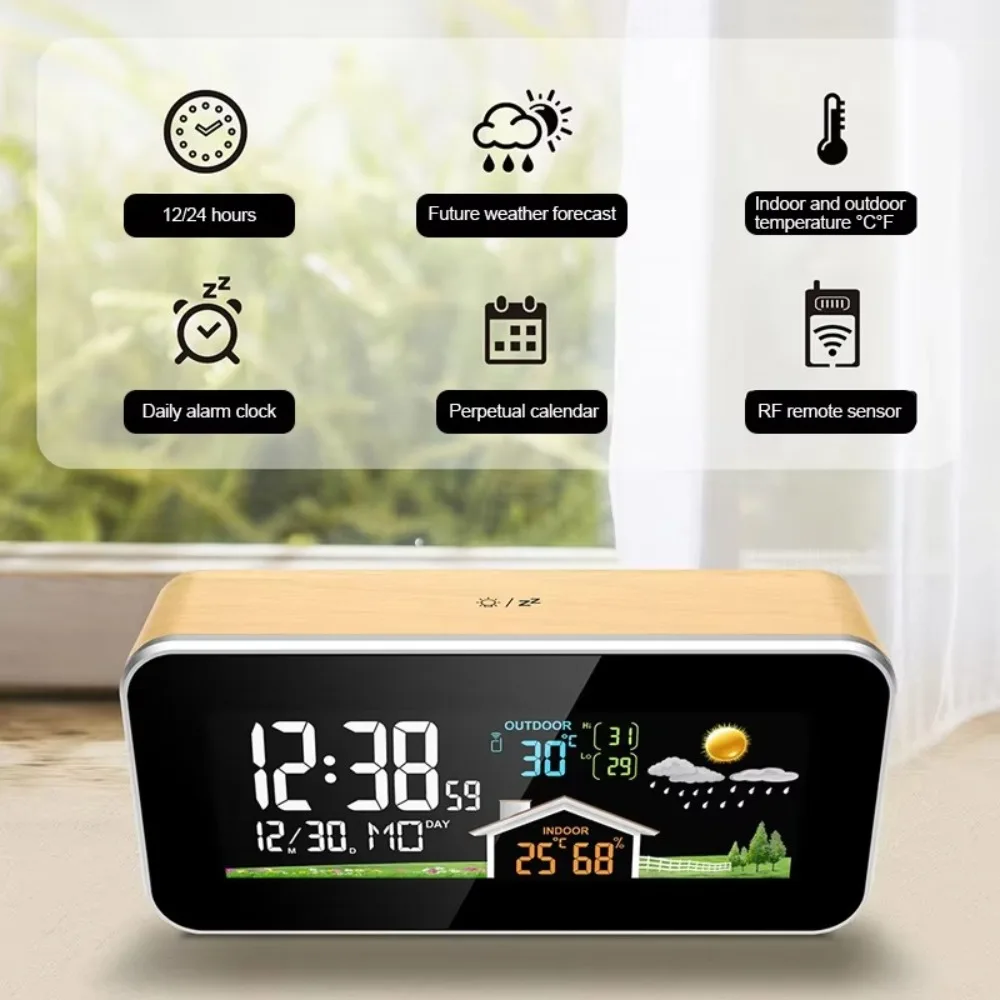 Wooden Wireless Weather Station Changeable Multi-Purpose Weather Forecast Humidity Temperature Wireless Sensor Alarm Clock