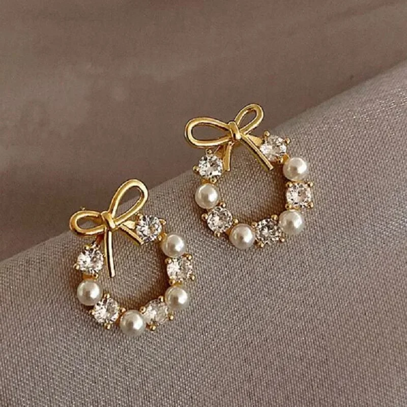 Petite Pearl Stud Earrings Bow Round Diamond Ear Jewelry Cute Light Luxury Ear-ring Simple Sweet Exquisite Ear Stud Gold Plated