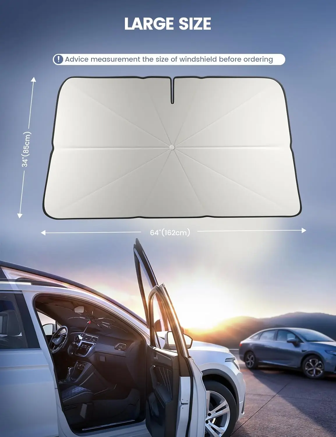 مظلة للزجاج الأمامي للسيارة - كتلة UV مكونة من 5 طبقات، إطار من الألياف الزجاجية مكون من 10 أضلاع للعزل الحراري، ونافذة أمامية مقاس 64 بوصة × 34 بوصة داخلية #6
