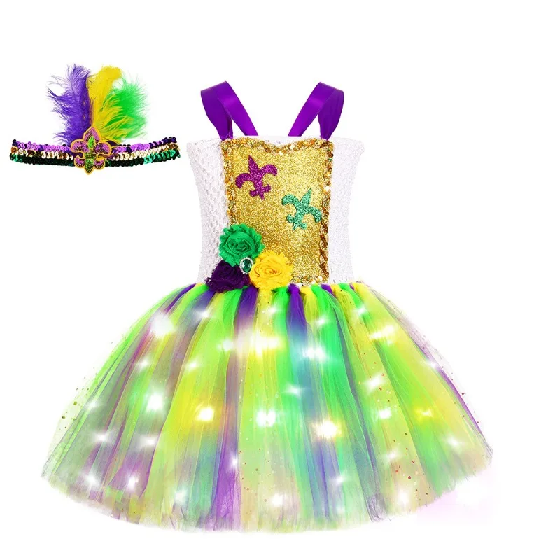 Girls' Luminous Tulle Dress, LED String Light Glowing Tutu Dress for Girls,Clothes for Halloween, Christmas and Party Events