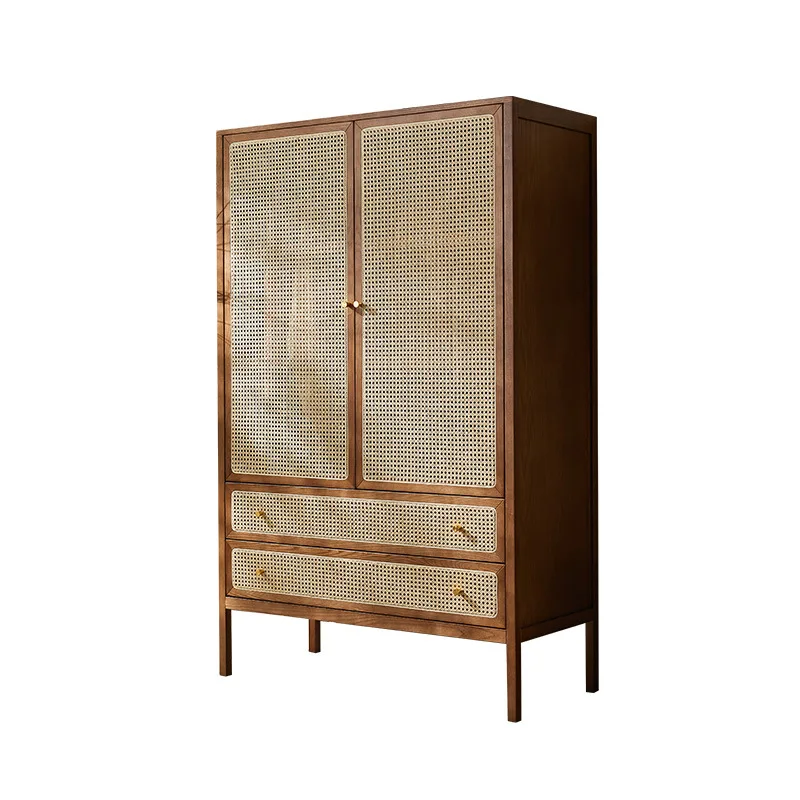 

Nordic solid wood rattan wardrobe storage locker simple modern retro cabinet bed and breakfast bedroom double door coat cabinet