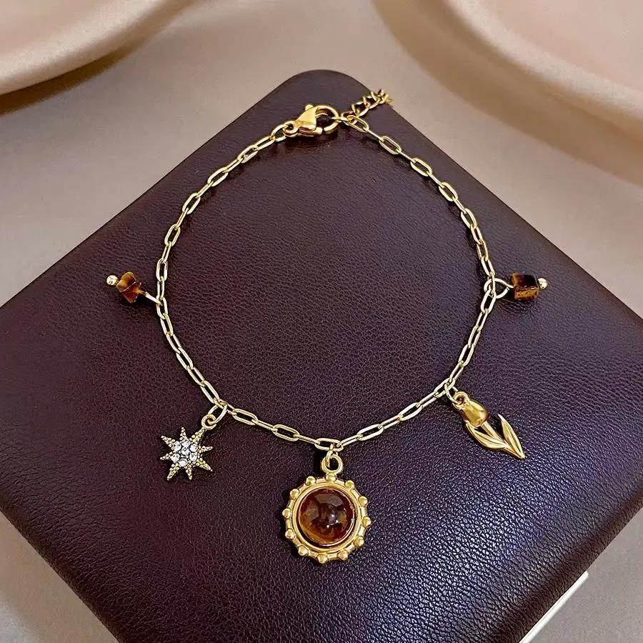 DODOHAO Vintage Stainless Steel Thin Chain Bracelet Women Inlaid Tiger Eye Stone Sun Star Flower Pendant Bracelet Charm Jewelry