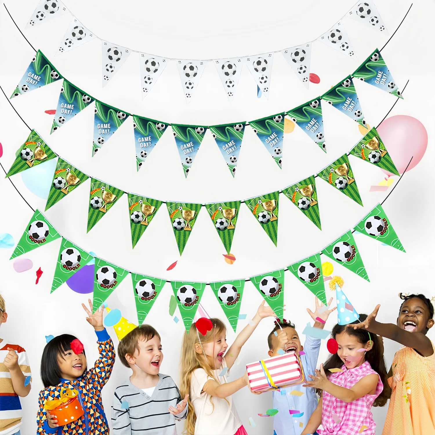 10 Stück Geburtstags-Wimpelkette mit Fußballmotiv, Dekorationen zum Aufhängen, Wimpelbanner für Kinder, Babyparty, Fußball, Partyzubehör – Detail 4