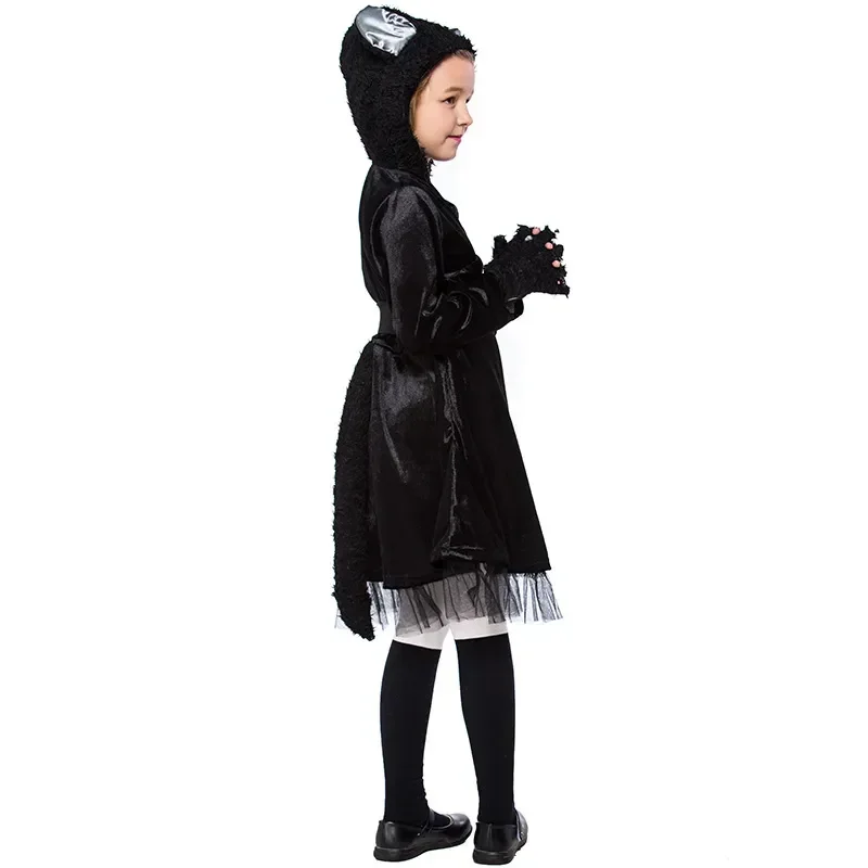 Kids Black Cat Hooded Dress Costumes For Girls Masquerade Party Costume