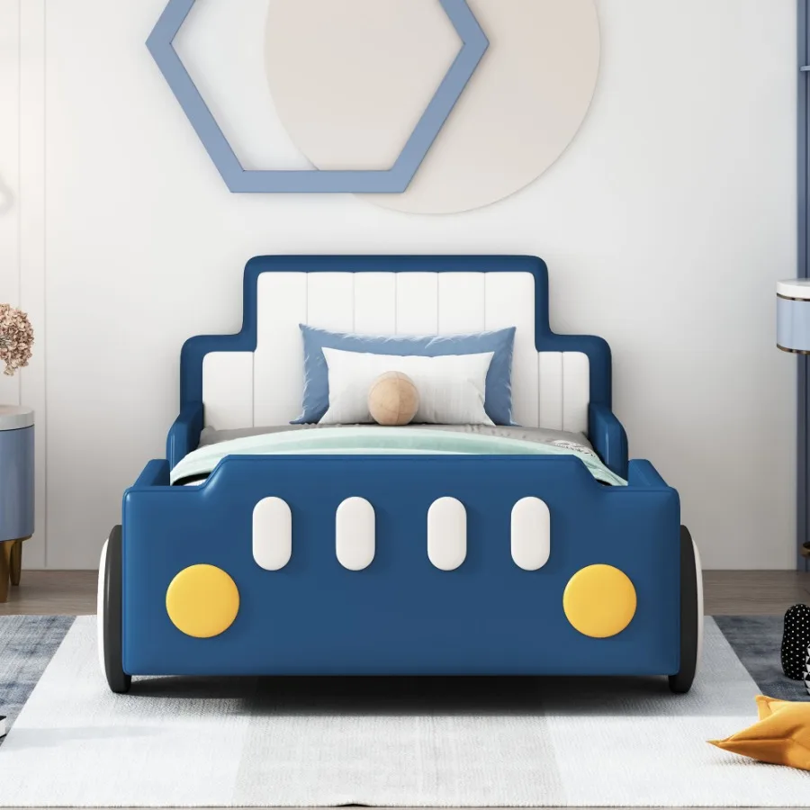 Twin Size Race Car-Shaped Platform Bed with Wheels Blue