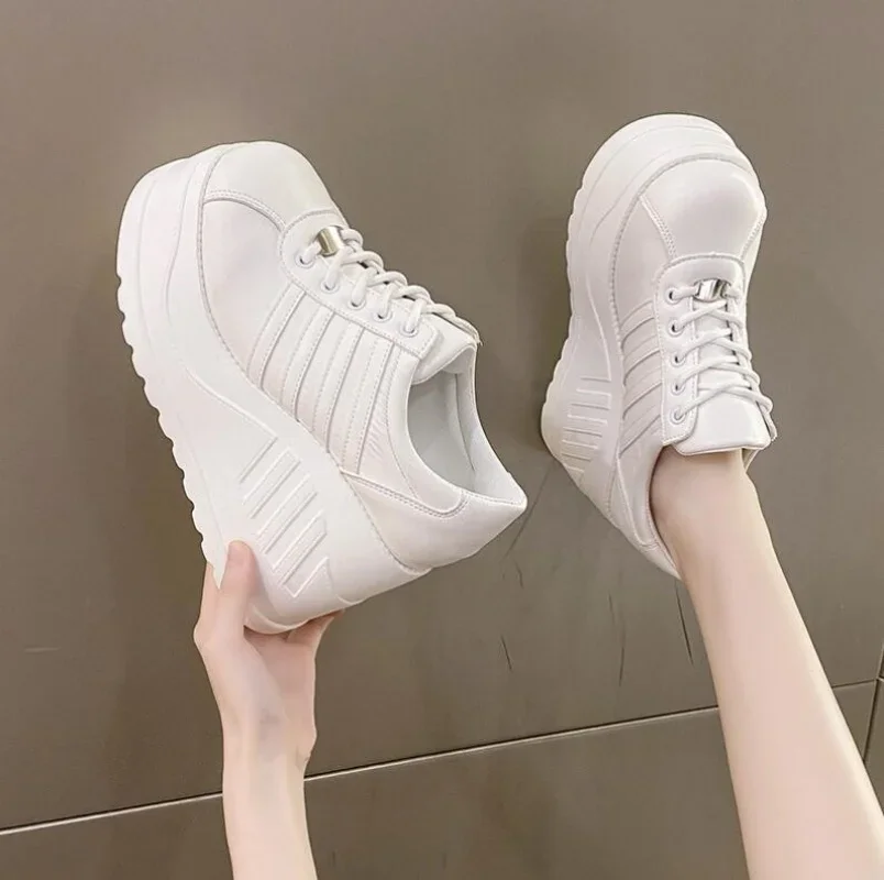 

White Shoes Women Lace Up pu Leather Wedges High Heel Pumps Shoes Female Breathable Chunky Platform Fashion Sneakers Size 35-41