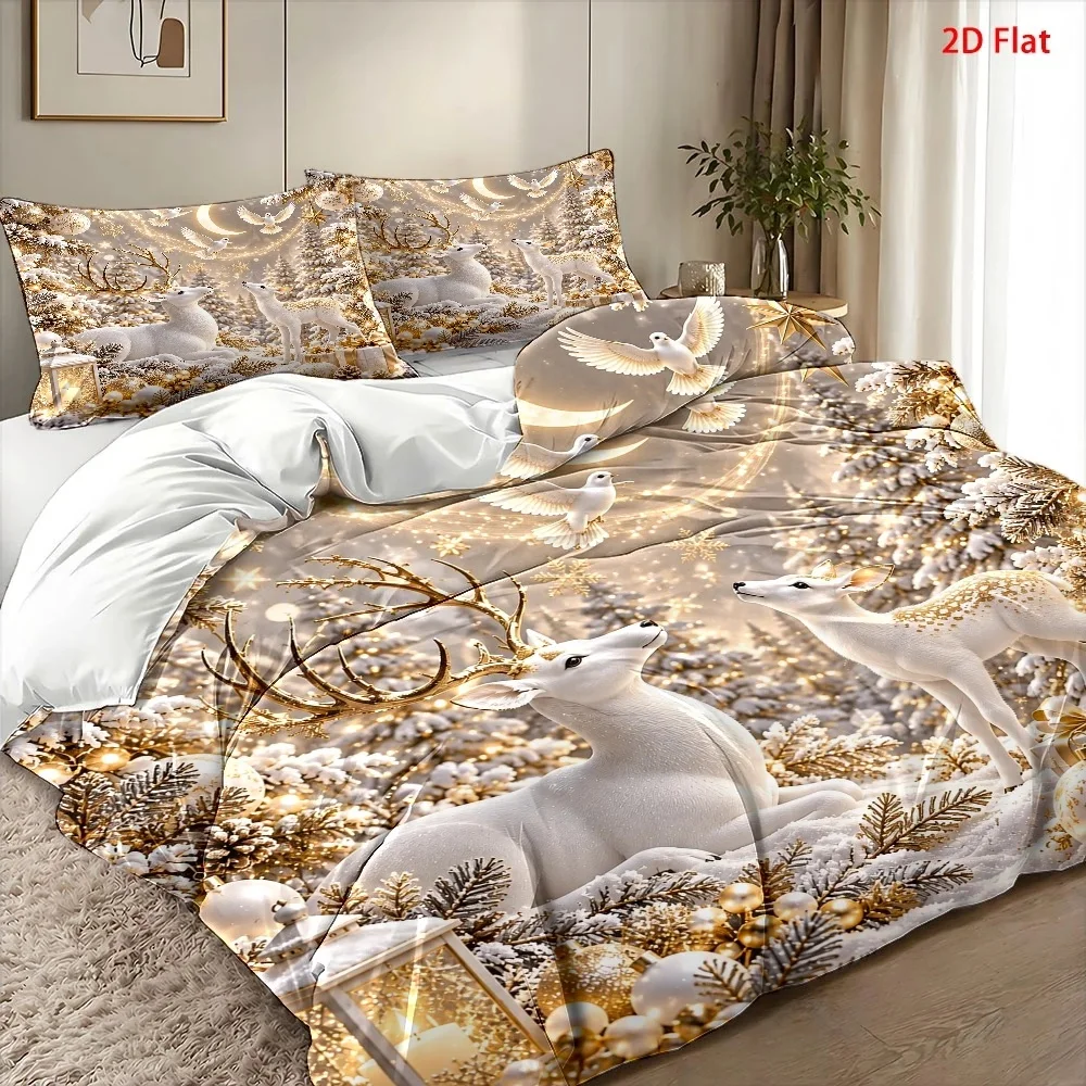 Christmas Duvet Cover Set with White Reindeer and Flying Birds, Christmas Theme, Dreamy Fairy Tale Style, Winter Sunshine Festival, Ultra Soft Brushed Bedding for Bedroom Hotel Dormitory