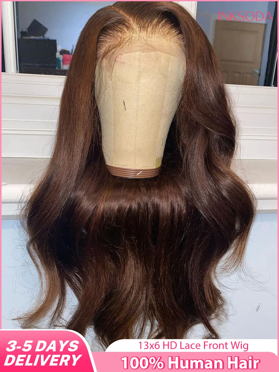 

Шоколадно-коричневые парики из натуральных волос 13x6 HD Парик фронтальной части шнурка Объемная волна Цветной парик фронтальной части шнурка Предварительно выщипанный бразильский оригинальный 30-дюймовый