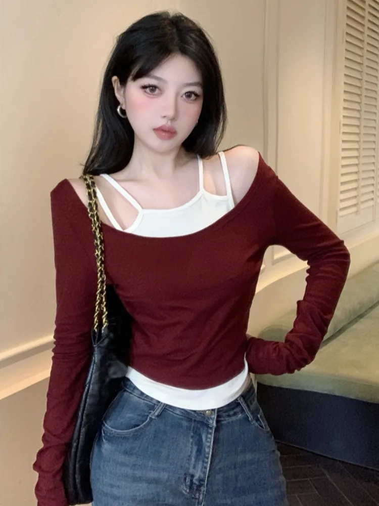 

Sexy Girl One Shoulder Strap Top Autumn Winter Red Shoulder Exposure Long Sleeve T-Shirt Fake Two-Piece Base Shirt Inner Wear