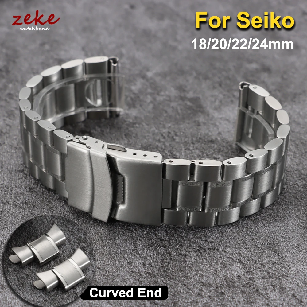 Massives Edelstahl-Uhrenarmband, 18/20/22/24 mm, silbernes Metall, gebogenes Ende, Doppeldruck-Faltschließe, Armband für Seiko