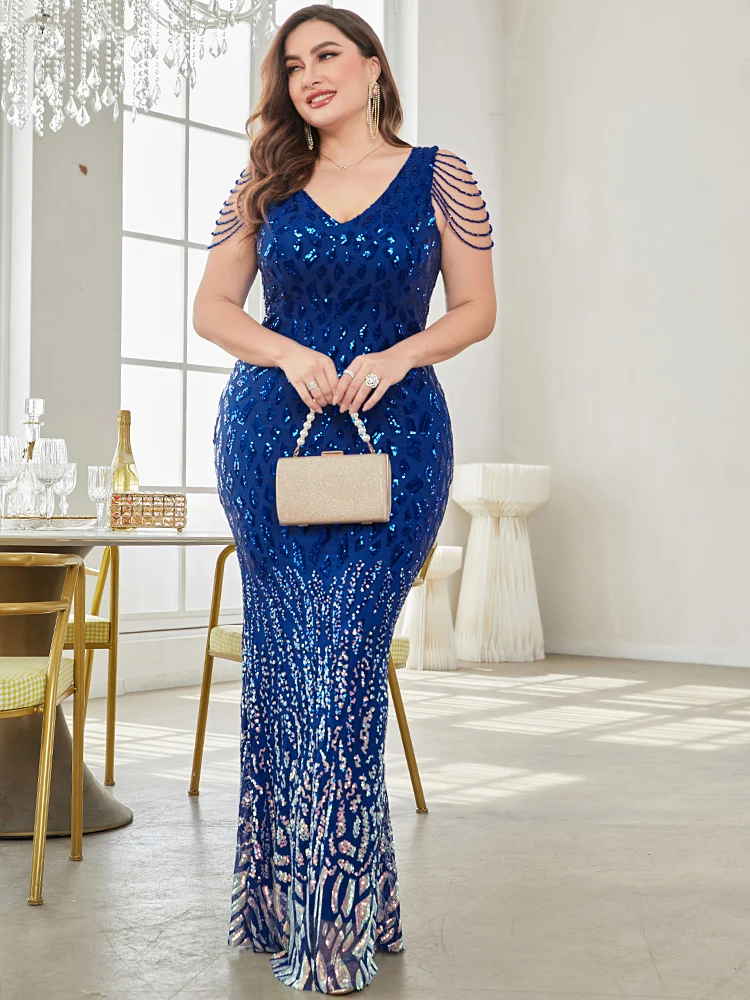 XUIBOL Plus Size Elegant Sequins Evening Dress 2024 Women Formal Maxi Prom Blue Party Dress Luxury Beading Cocktail Dresses