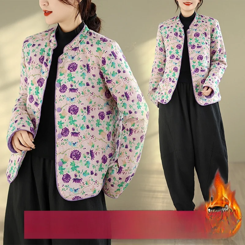 

Хлопковое джето большого размера, женское круглое хлопковое пальто на пуговицах в этническом стиле, новое хлопковое пальто в китайском стиле с цветочным узором