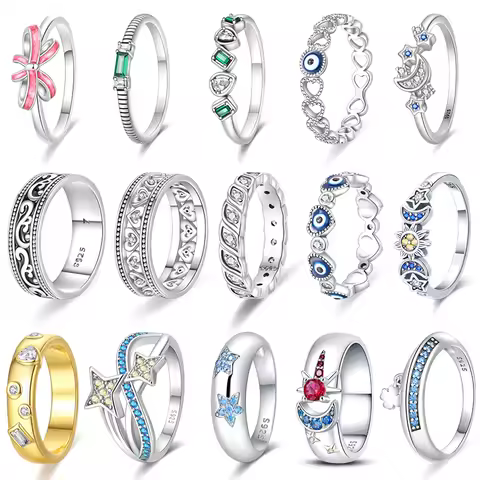 925 Silver Romantic Princess Pink Bow Rings For Women Fashion Star Moon Devil's Eye Ring Valentine's Day Wedding Jewelry Gifts