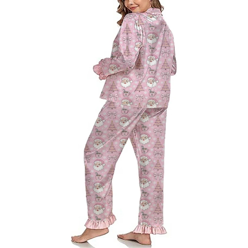 HEZIOWYUN المرأة عيد الميلاد بيجامة مجموعات طويلة الأكمام زر أسفل الساتان لباس نوم من الحرير لطيف تكدرت تقليم ملابس النوم Pjs المتسكعون