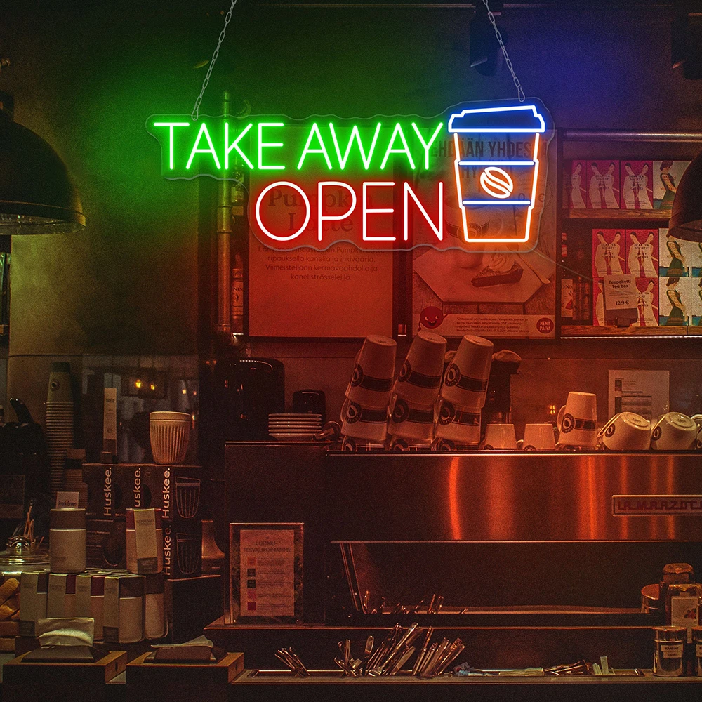 Take Away Coffee Open Neon Sign Custom Coffee Shop Logo LED Sign Coffee Cup LED Bar Wall Art Cafe Shop Wall Decoration