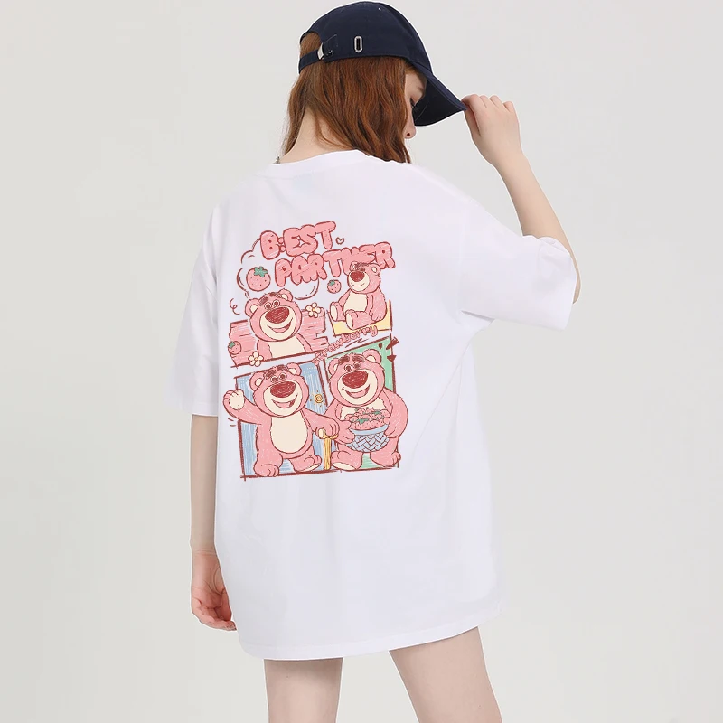 

MINISO Lotso Strawberry Bear Print T-shirt Cartoon Loose Comfortable Fashionable Cute Daily Wear Versatile Clothing Streetwear