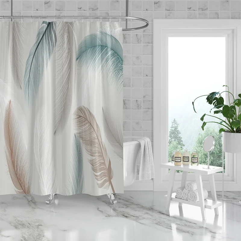 1pc, 180x180cm polyester shower curtain, mildew proof, waterproof, perforated with hooks, anti-pilling, feather pattern