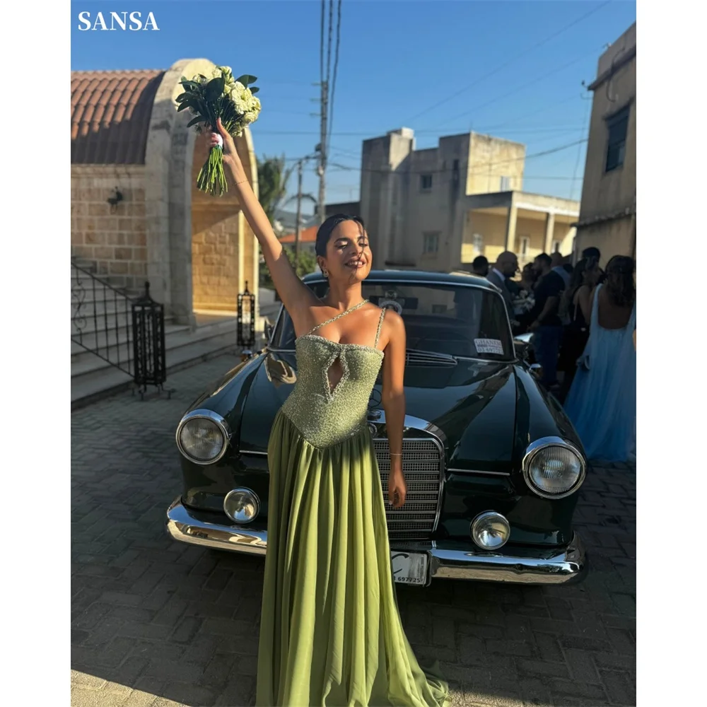 

Sansa Customized Green Slim Corset Glitter Prom Dresses Cut-out Spaghetti Strap Vestidos De Noche Floor-Length Formal Evening