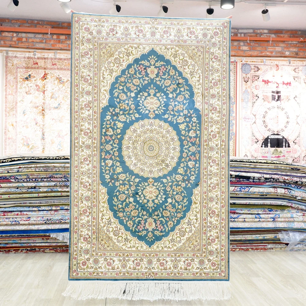 91x152cm Oriental Cashmere Silk Carpet Blue Handmade Small Egyptian Rugs (LH1046B)