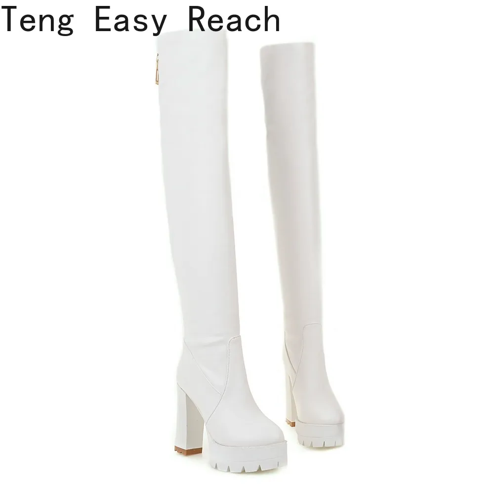 Platform Square Heel Women Over The Knee Boots Fashion Zipper Women Long Boots PU Leather 2024 Winter Boots Black White 34-43