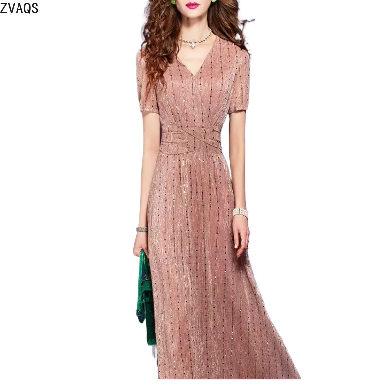 

ZVAQS Dresses for Women Summer Sequin Dress Short Sleeve Ruched Waist V Neck Knee Length Long Dress for Womenженская Одежда