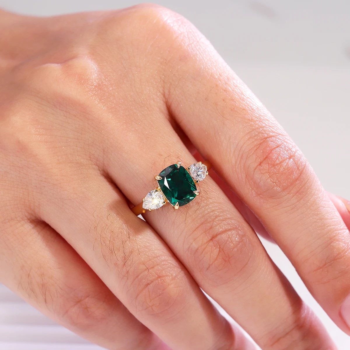

Provence 3-Stone 18K Gold Engagement Ring Elongated Cushion Cut Lab-Grown Emerald Side Pear Moissanite Promise Ring for Women