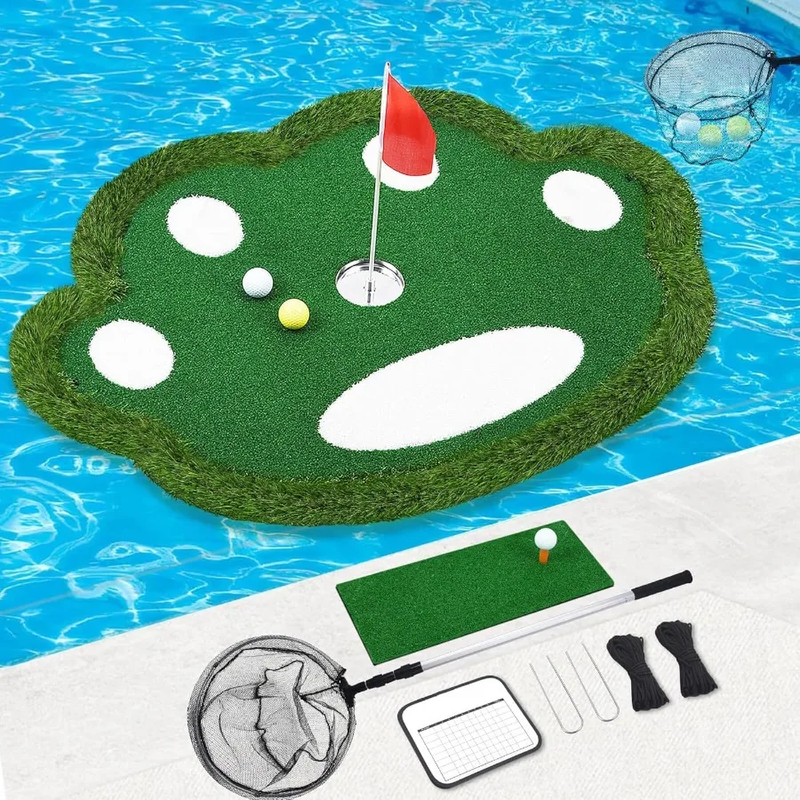 Golf flotante verde para piscina: juego de golf de piscina patentado con tapete flotante, red de recuperación y marcador ideal para piezas al aire libre