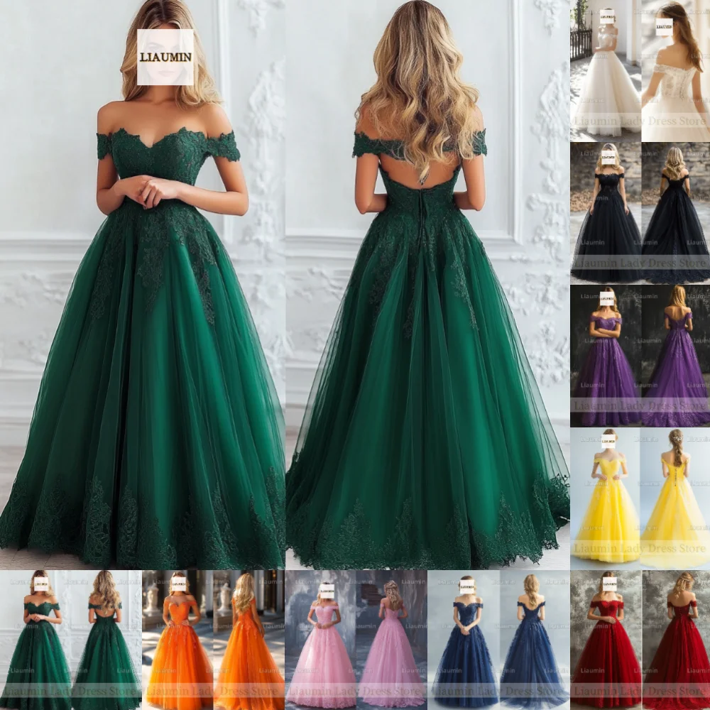 Vestido de tule com aplique de renda, Fora do ombro, até o chão, saia personalizada para baile de formatura, casamento, ocasião formal, festa noturna, B6