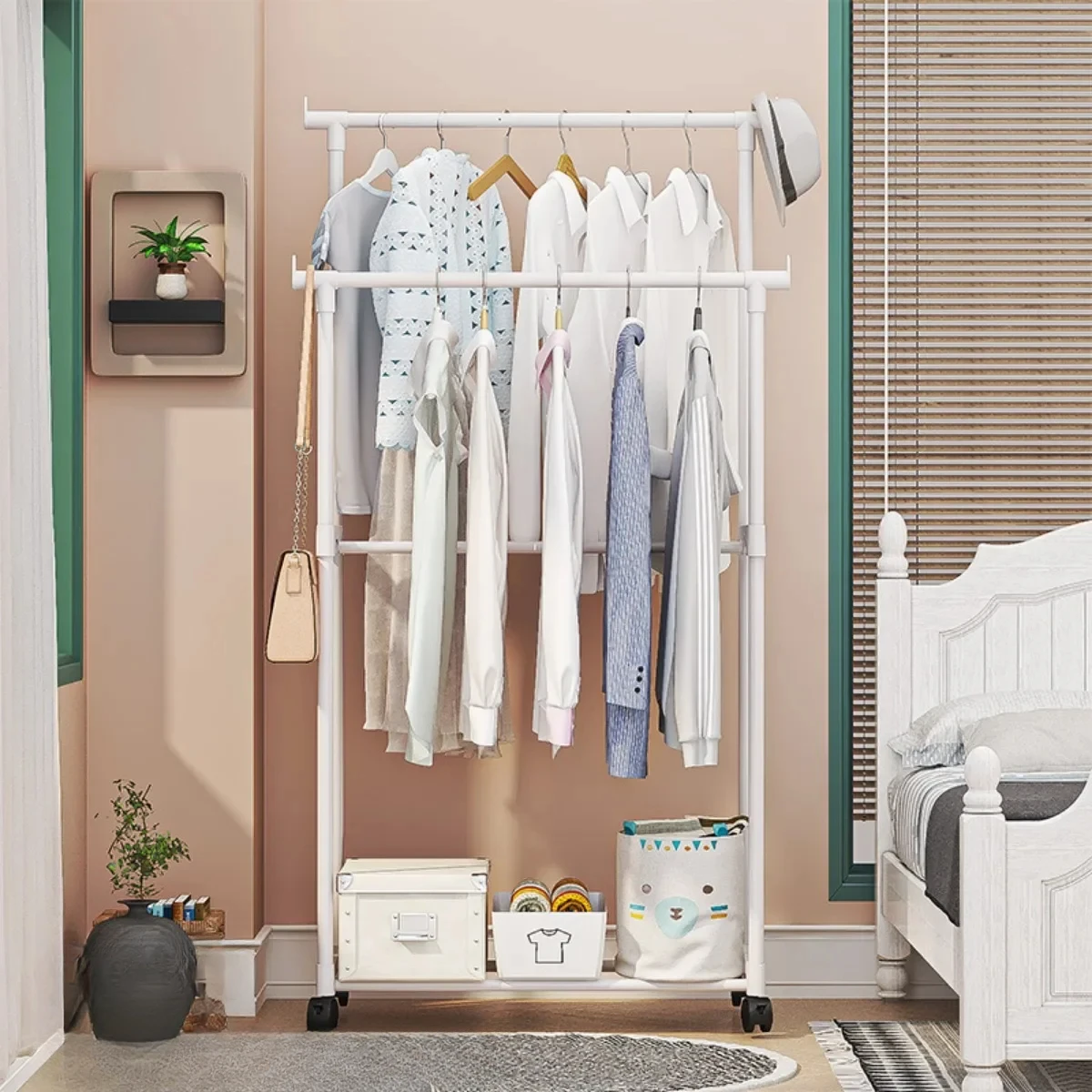 

Double Simple Rod Clothes Coat Shelf Simple Wheeled Coat Rack Floor-Standing Telescopic Storage Clothes Bedroom Hanging Rack