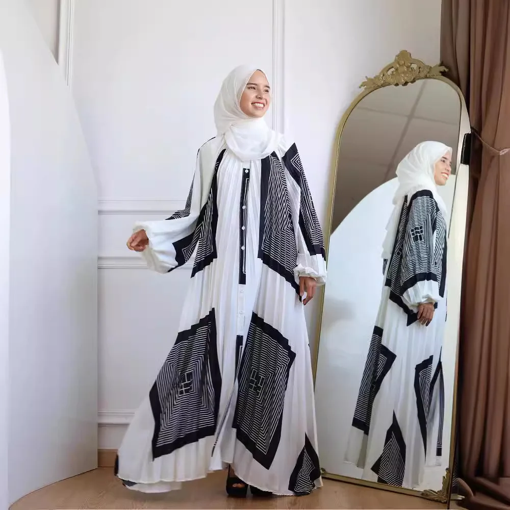 South East Asia Hot Sale New Printed Long Dress Printed Pleated Lantern Sleeve Loose Casual Robe Dress Cw92389