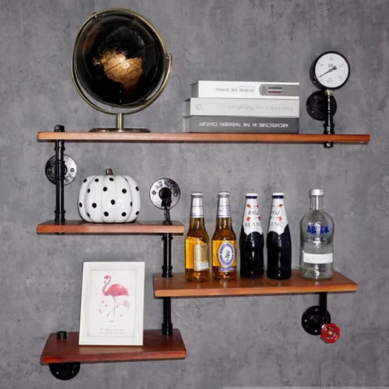 ‌Industrial Wall Mount Shelf Set, Wrought Iron Wine Display Rack, Rustic Wood Floating Cabinet, Accent Decor Focal Point