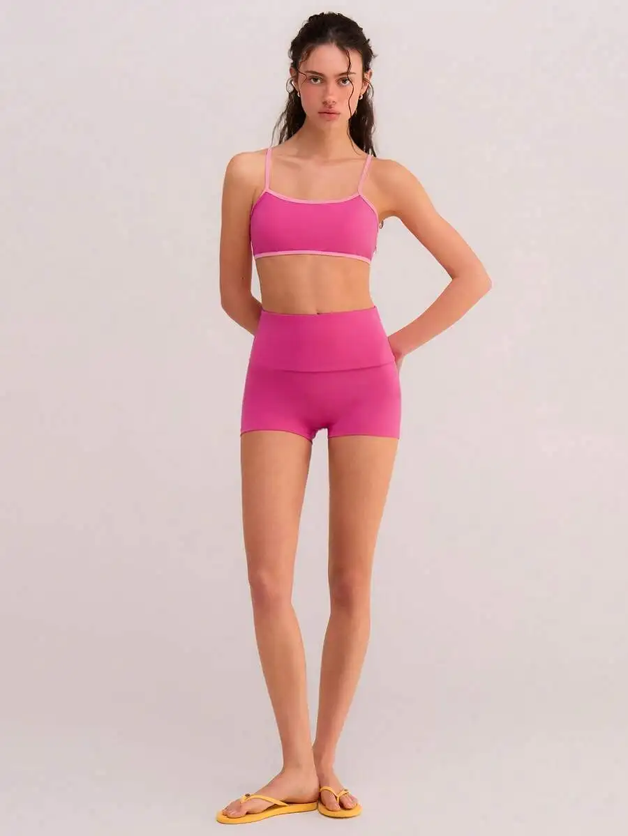 

Womens Pink Contrast Color Sports Set With Built-In Bra Summer Casual 2 Piece Workout Outfit