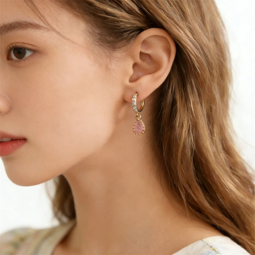 Gold Tone Pink Teardrop Zircon Paving Pendant Earrings with Clear Zircon Around Hoops Jewelry For Girl Cadmium Lead Nickel Free
