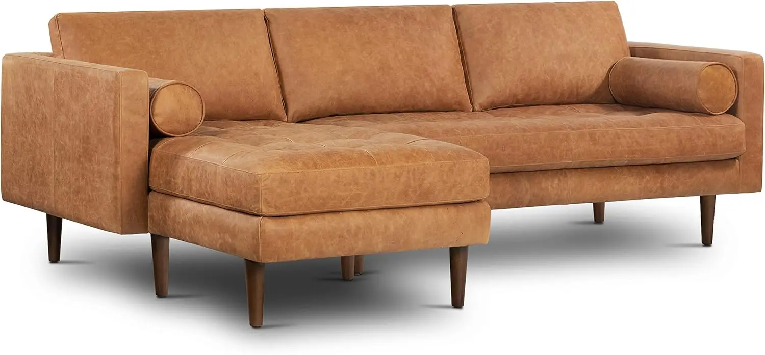 Leather Couch Left-Facing Sectional Full Grain Leather Sofa with Tufted Back with Feather-Down Topper On Seating Surfaces