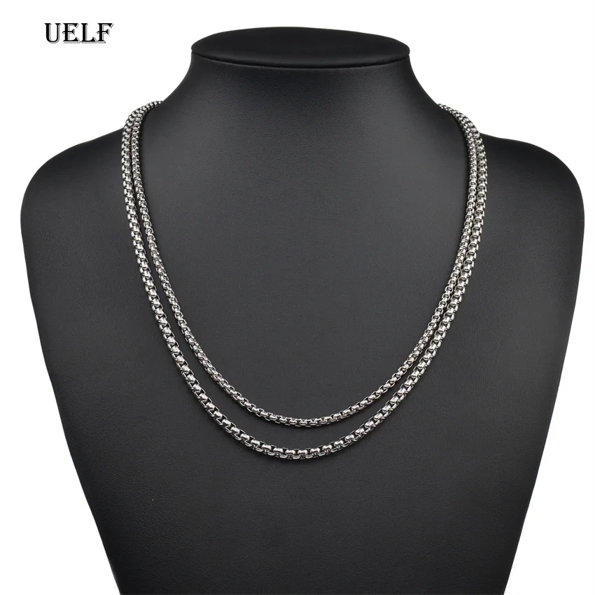 UELF 2MM 2.5MM 3MM Box Chains Stainless Steel Necklace DIY Long Necklaces Jewelry for Women Men Statement 45CM-75CM